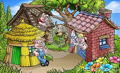 Fairytale The Three Little Pigs Cartoon Scene Vector Illustration