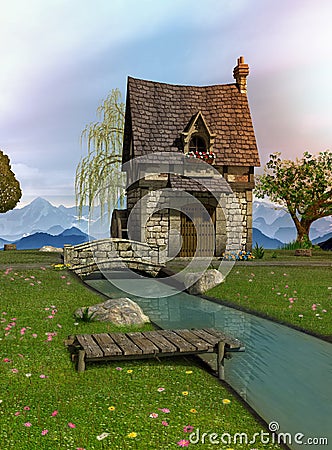 Fairytale water mill with its natural surroundings Cartoon Illustration