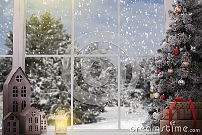 Fairytale winter christmas window and christmas object Stock Photo