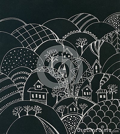 Fairytale winter landscape with houses and trees on hills. Doodle drawing by silver gel pen on black paper. Night scene Stock Photo