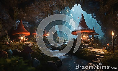 Fairytale world. Dwarven dwellings in the underground city Stock Photo