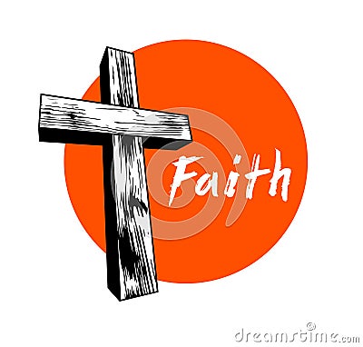 Faith concept with old wooden Christian cross vector metaphor illustration isolated on white, belief and hope, religion salvation Vector Illustration