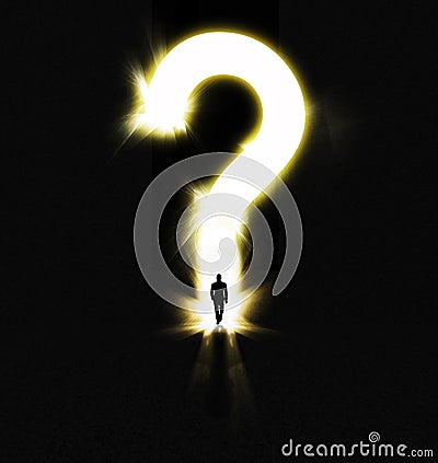 Faith, fantasy and man with light for question to journey for spirituality, religion and entrance to heaven. Male person Stock Photo