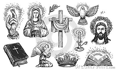 Holy Bible, Praying angel, Burning candle, Scripture, Jesus Christ, Dove, Cross. Faith in God concept in sketch style Stock Photo