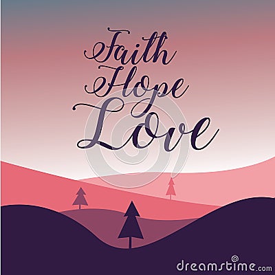 Faith, Hope and Love,with tre, dramatic clouds, Sun Rays and Sky. Vector Illustration