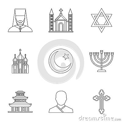 Faith icons set, outline style Vector Illustration