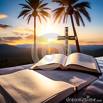 Faith Illuminated: Open Bible Script in Blur with Focus on Palm Cross on Sunrise Background â€“ Crucifix Symbol of Faith Stock Photo