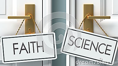 Faith and science as a choice - pictured as words Faith, science on doors to show that Faith and science are opposite options Cartoon Illustration