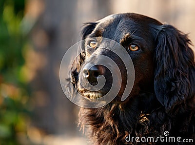 Faithful looking family dog smiling at sunset with brown eyes Stock Photo