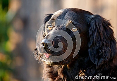 Faithful looking family dog smiling at sunset with brown eyes Stock Photo