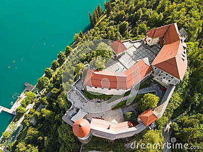 Faitytale Bled Castle Close Aerial Drone View, Slovenia Stock Photo