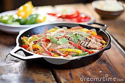 fajitas sizzling in cast iron pan, peppers, onions Stock Photo