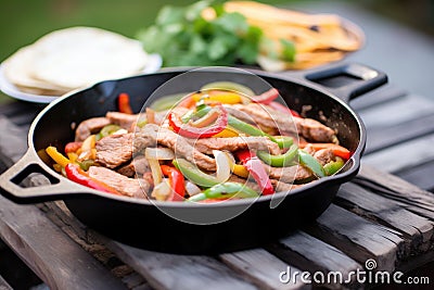 fajitas sizzling in cast iron pan, peppers, onions Stock Photo