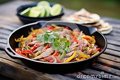 fajitas with sizzling peppers and onions on a castiron pan Stock Photo