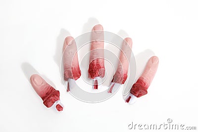 Fake bloodied plastic fingers Stock Photo