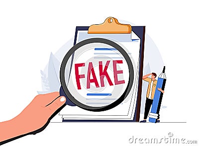 Fake document, wrong information verification or fake news inspection, fraud and illegal reports concept, smart. Vector Illustration