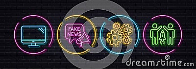 Fake news, Computer and Cogwheel minimal line icons. For web application, printing. Neon laser 3d lights. Vector Vector Illustration