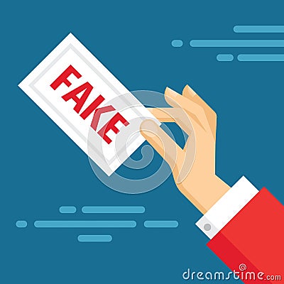 Fake news concept banner. Human hand and paper card with message of false information. Flat style design. Vector illustration. Vector Illustration