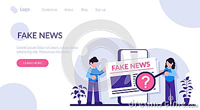 Fake news concept. Man and a woman view news articles on a smartphone screen. Check the information. Modern flat Vector Illustration