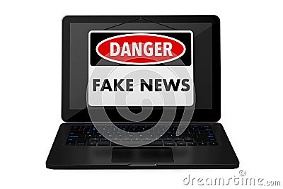 Fake News Danger Sign over Laptop Screen. 3d Rendering Stock Photo