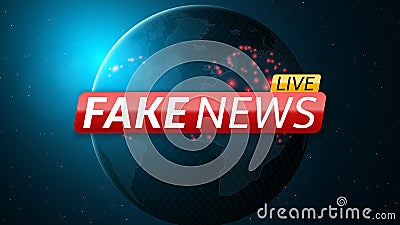 Fake news live and abstract planet earth. Red glossy banner with text. Space and stars. High tech. Vector Cartoon Illustration