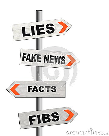 Fake news signposts, lies, disinformation, misinformation concept. Signs isolated on white background. Stock Photo