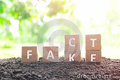 Fake news versus facts concept. Hand changing fake wooden blocks to word fact in natural background. Stock Photo