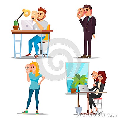 Fake Person Set Vector. Bad, Tired Man, Woman. Deceive Concept. Business People Wear Smile Mask. Isolated Flat Cartoon Vector Illustration