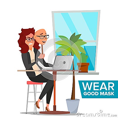 Fake Person Vector. Bad, Tired Woman. Deceive Concept. Business Woman Wear Smile Mask. Isolated Flat Cartoon Character Vector Illustration