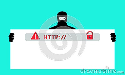 Fake Phishing website. A hacker steals personal data, passwords, and accesses users ' personal bank cards. The concept Vector Illustration