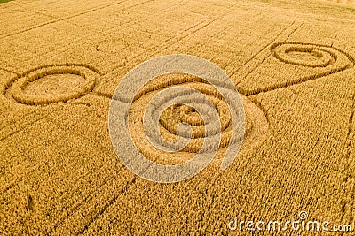 Fake UFO circles on grain crop yellow field, aerial view from drone. Round geometry shape symbols as alien signs Stock Photo