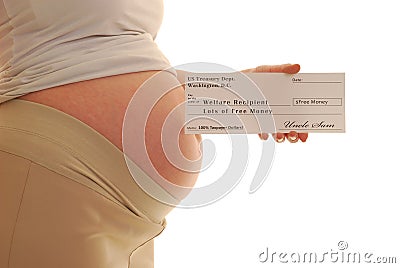 Fake welfare check held by pregnant woman Stock Photo