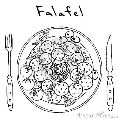 Falafel, Arugula Herb Leaves, Lemon, Tomato, Olive, Sauce on Plate, Fork, Knife. Arabic Israel Vegetarian Healthy Fast Food. Jewis Stock Photo