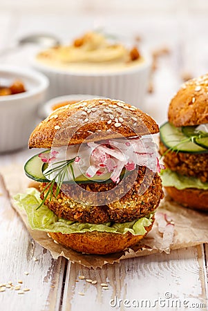 Falafel burger on a wooden rustic table Stock Photo
