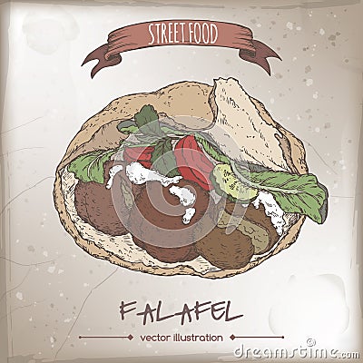 Falafel in pita color sketch on grunge background. Vector Illustration