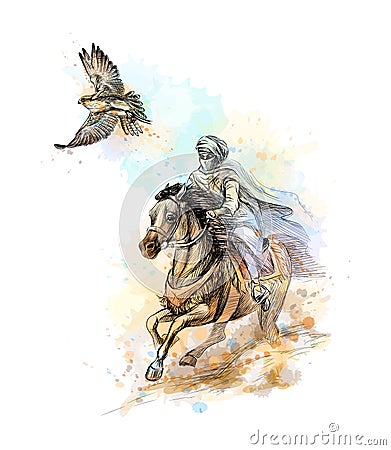 Falcon hunting. Arabian man with a falcon and a horse Vector Illustration