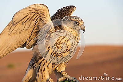 Falcon in the desert of Abu Dhabi, UAE, closeup of falcon bird or bird of prey Stock Photo