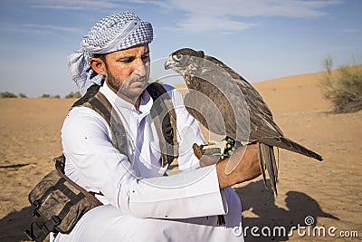Falconer with a falcon in a desert near Dubai Editorial Stock Photo