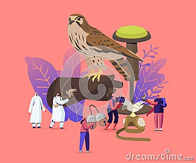 Falconry Concept. Tiny Male and Female Characters Holding Professional Equipment for Falcon Training. Arabian Sport Vector Illustration