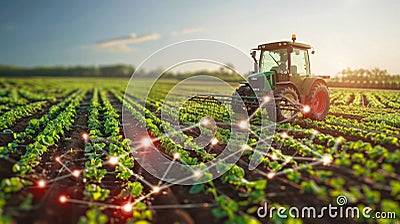 Fall agriculture fields with technology graphics. Concept of technology in agriculture Stock Photo