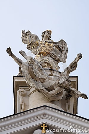 The Fall of the Angels, portal of Mariahilf church in Graz, Styria, Austria Stock Photo