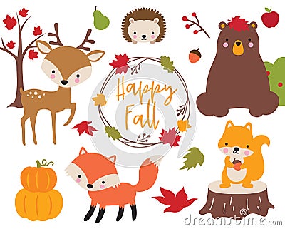 Cute Fall Autumn Woodland Animals Vector Illustration