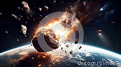 The fall of an asteroid to earth, an extinction-level event, a collision with a comet, destruction. Generative. Stock Photo
