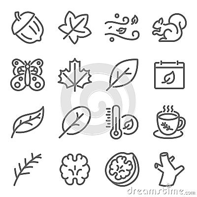 Fall Autumn Season icon illustration vector set. Contains such icons as Leaves, Winter, Coffee, Butterfly, Walnut, Squirrel, and m Vector Illustration