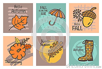Fall autumn thanksgiving seasonal abstract hand drawn handwritten colorful doodle greeting cards Vector Illustration