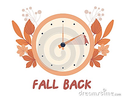 Fall back concept in flat style, change clock back one hour, Daylight Saving Time Ends web vector reminder banner Vector Illustration