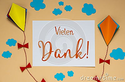 Fall Background With Kite, Clouds and Autumn Decoration and Text Vielen Dank Stock Photo