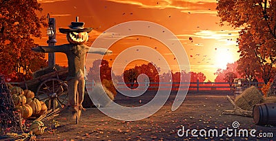 Fall in backyard with leaves falling from trees and Halloween pumpkin scarecrow, autumn background Stock Photo