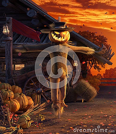 Fall in backyard with leaves falling from trees and Halloween pumpkin scarecrow, autumn background Stock Photo