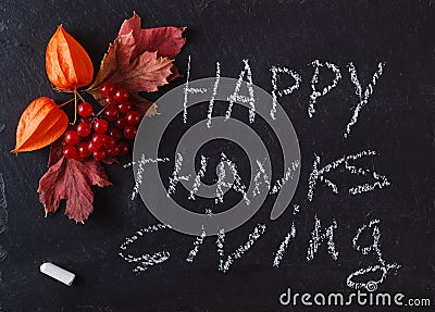 Fall berries on black background with word happy thanksgiving Stock Photo